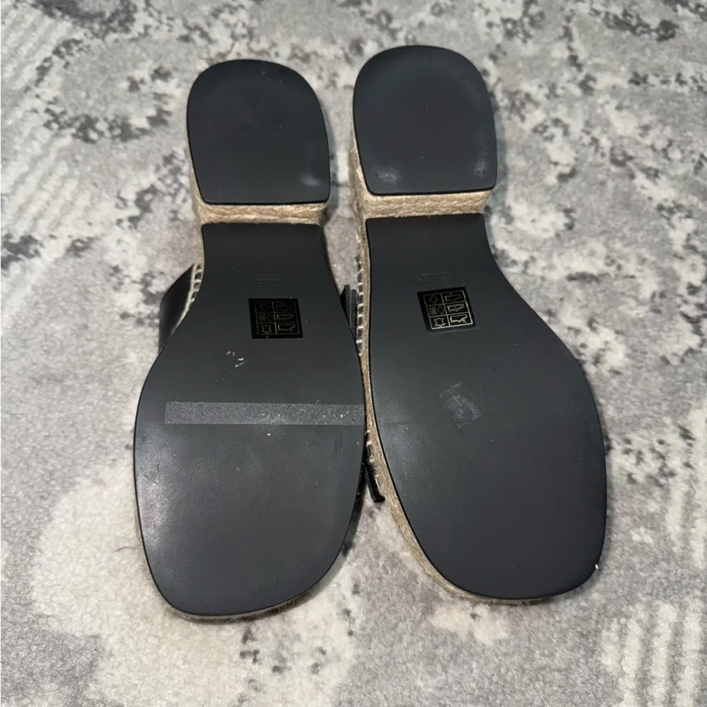 J. Crew Made in Spain Black Leather Gold Buckle Block Heel Espadrilles